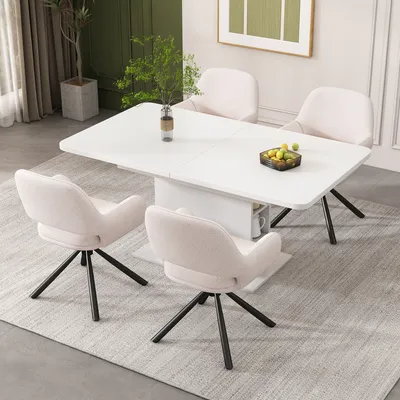 A dining set with a white table and four beige chairs on a rug.