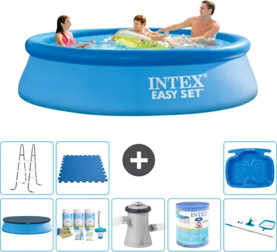 Produktbild von Intex runder aufblasbarer Easy Set-Pool – 305 x 76 cm – Blau – im Lieferumfang enthalten Abdeckung - Wartungspaket - Filterpumpe für Schwimmbad - Filter - Reinigungskit - Leiter