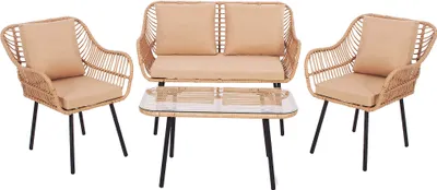 A set of outdoor furniture including two chairs, a sofa, and a coffee table, arranged on a white background.