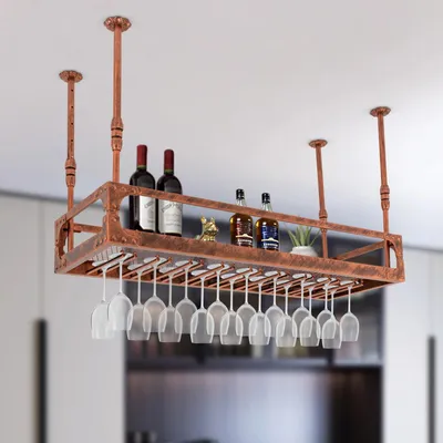 Immagine prodotto di Portabottiglie vintage industriale - Montaggio a soffitto con portabicchieri da champagne - 100 cm - Metallo - Per bar domestico - Rosso bordeaux