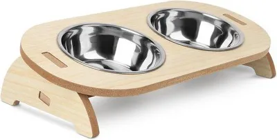 Produktbild von Erhöhte Futtertassen für Katzen, 15° Erhöhte Futtertassen mit schräger Standplatte, 2 Edelstahl-Wasser- und Futtertassen mit Holzstandplatte für Katzen und Welpen