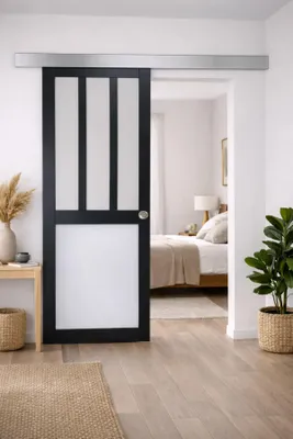 Immagine prodotto di Porta scorrevole da officina nera, bianca con vetro H204 x L83 cm, binario in alluminio, gusci Gd Menuserie