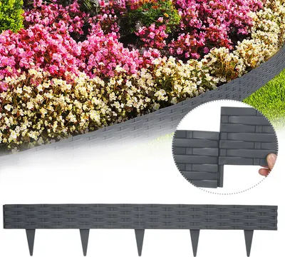 A garden border made of interlocking plastic pieces with a rattan look, shown in a garden setting with flowers and grass, and a close-up of two pieces connecting.