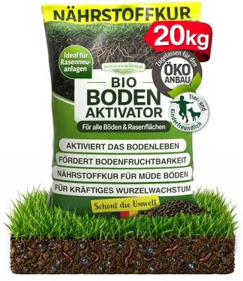 Produktbild von Bodenaktivator Dünger - Nährstoffkur für müde Böden - Garten Bodenverbesserer mit Spezialformel - Rasen, Neuanlage & Nachsaat wachsen schnell und sicher an - 20kg