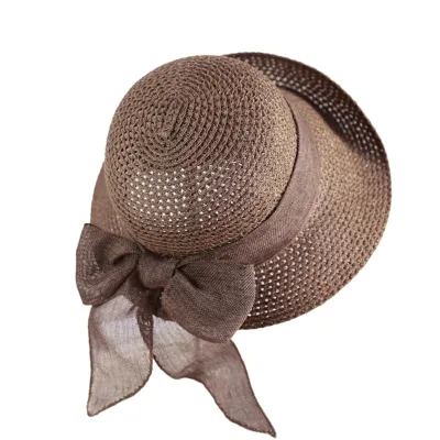 Produktbild von Strohhut mit Schleifendekor, rund, kuppelförmig, einfarbig, faltbar, für Damen, große Krempe, Sonnenschutz, Reisehut, modisches Accessoire, Kaffee