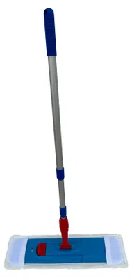 A mop with a blue cleaning head, a silver telescopic handle, and a red connector.