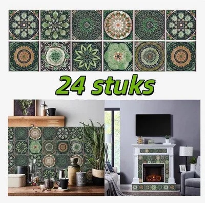 Produktbild von 24 Stück - Selbstklebende PVC-Mosaik-Sticker - Wasserfest - Dekorative Wandsticker - Vintage-Design - Grün - 15*15 cm - Für Wohnzimmer, Küche, Badezimmer, Möbel