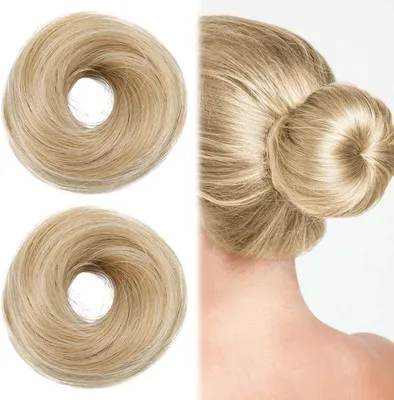 Produktbild von 2x blondes Dutt-Haarteil mit Haargummi, elastisches Haarteil für einen schnellen Dutt, natürlich wirkendes blondes Haarteil, vielseitig kombinierbar und sicherer Halt für jeden Stil