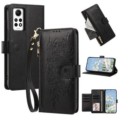 Produktbild von Handyhülle für Xiaomi Redmi Note 11 Pro 5G/4G/Note 12 Pro 4G, Wallet Case Kunstleder mit Kartenfächern, Reißverschluss und Handschlaufe Schwarz