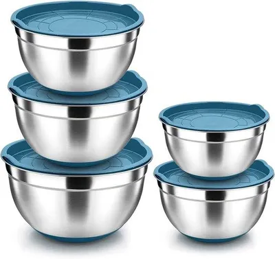 Produktbild von Famanu Mischschüsselset 5-teilig - Edelstahl mit blauen Deckeln