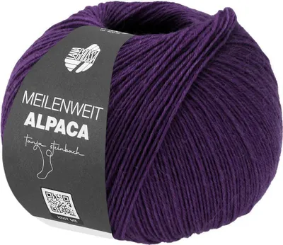 A ball of purple yarn with a label.