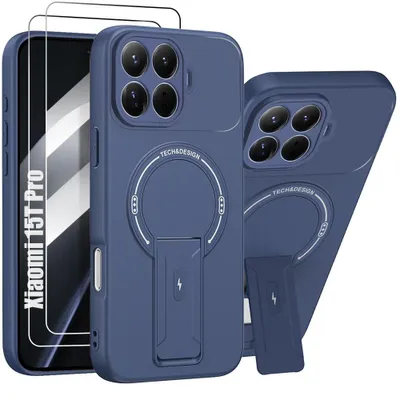 Image de Coque + 2 Verres Trempés pour Xiaomi 15T Pro, Silicone avec Support et Cercle Magnétique - Bleu Marine