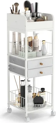 Zdjęcie produktu dla COSTWAY Wózek do przechowywania kosmetyków, organizer z szufladami, kółkami i półkami, uniwersalny wózek, biały 30 x 30 x 90 cm