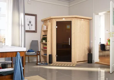 Produktbild von Karibu Sauna Innensauna Larin Eckeinstieg Ofen 9 kW integr. Strg 151x151x198 cm ohne Dachkranz mit Graphittür