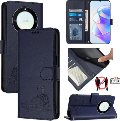 Produktbild von Leder Hülle für Honor X9A / Magic5 Lite Süße Katze Flip Case Brieftasche Schutzhülle mit Standfunktion Blau