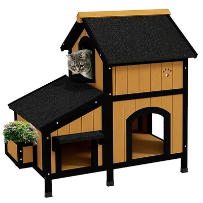 Produktbild von Katzenhaus Outdoor Katzenhütte Katzenhöhle inkl Blumenkasten Gelb Weiß Schwarz