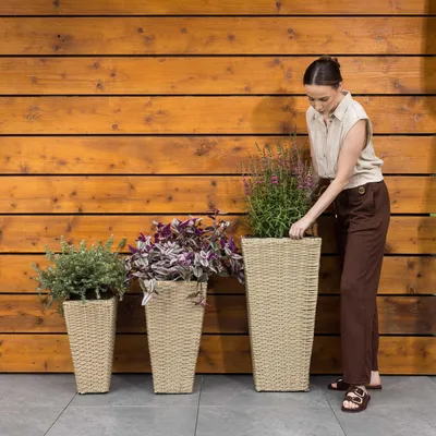 Produktbild von di volio Pflanzkübel Set VINCEZI 3 hohe quadratische Polyrattan Töpfe Beige