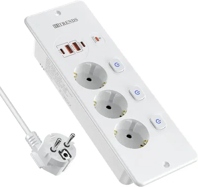 Produktbild von Einbausteckdose mit USB-A + USB-C - Set aus 2 - 7-in-1 Tischsteckdosenleiste mit Schalter - Weiß