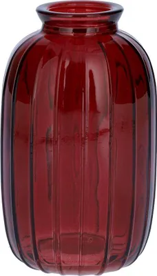 Produktbild von INNA-Glas Glasflasche SILVINA aus Glas, Rillen, burgunderrot-klar, 12cm, Ø7cm - Dekoflasche