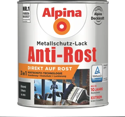 Produktbild von Alpina 2,5 L. Anti-Rost Metallschutz-Lack, 3in1, RAL 9005 Schwarz Glänzend