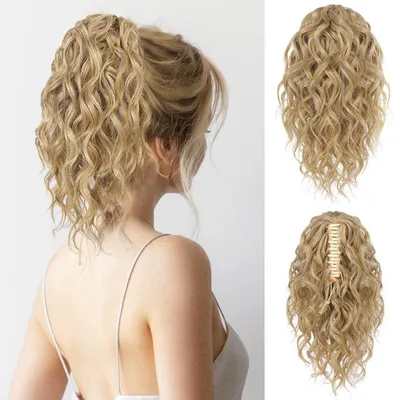 Zdjęcie produktu dla Przedłużenie włosów, kucyk, 31 cm, falujące, kręcone, syntetyczne, złocistoblond z pasemkami