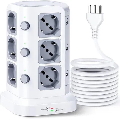 Obrázek produktu pro Víceúčelová zásuvková lišta s 12 zásuvkami, 6 USB porty, výkonem 4000 wattů, ochranou proti přetížení a délkou 5 metrů, bílá barva