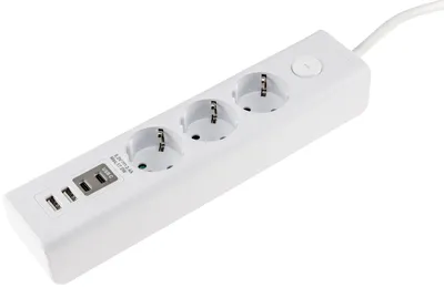 A white power strip with three outlets and two USB ports is shown against a white background.