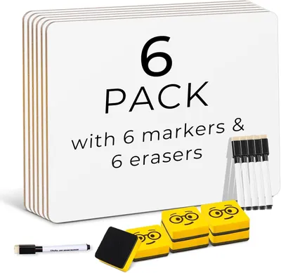 Produktbild von 6 Stück Mini-Whiteboards, A4-Format (22 x 30 cm), klein, beidseitig – Tragbares, trocken abwischbares Whiteboard mit Stiften und Radiergummi – A4 Mini