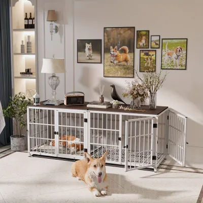Image de Cage pour chien en bois et en fer, de style meuble, avec trois portes et un plateau amovible, noire et blanche