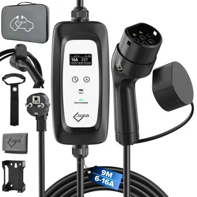 Imagen del producto de Cable de carga para coche eléctrico, con conector Tipo 2, 9 metros de longitud, 3,6 kW de potencia, color