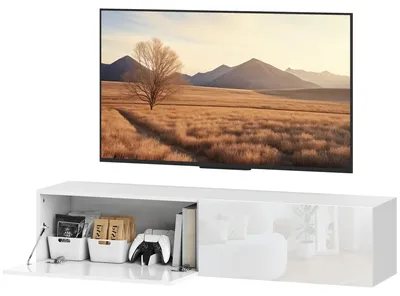 Image de Meuble mural pour télévision - Meuble TV - Meuble suspendu - Meuble mural - Meuble TV - Blanc - Beaucoup d'espace de rangement