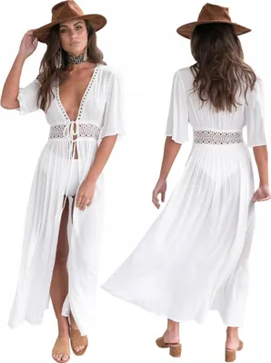 Produktbild von Sommertunika - Langes Strandkleid - Gebundenes Pareo - Für den Strand - Boho - Weiß - Spitze - Größe M