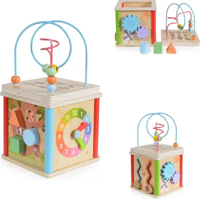 Produktbild von Moni Motorikwürfel 1003 Holz Sortierwürfel, Motorikschleife, Formen, Zahnräder bunt