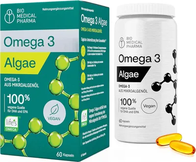 Produktbild von Omega 3 Vegan Algenöl Kapseln – 600mg DHA + 200mg EPA pro Tagesdosis – life'sOMEGA Algenöl – Hochdosiert, Kein Fischiger Nachgeschmack (60 Kapseln)