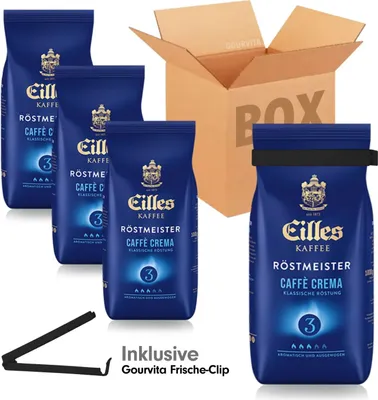 Produktbild von Eilles Kaffee SPARBOX Röstmeister Caffè Crema + gratis Gourvita  Frische-Clip, 4x1000g Bohnen