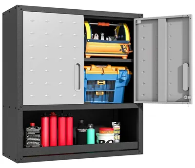 Productafbeelding van Hangkast metaal - Muurkast met 2 deuren - 77 x 75 x 30 cm - Zwart en grijs - Garage en werkplaats