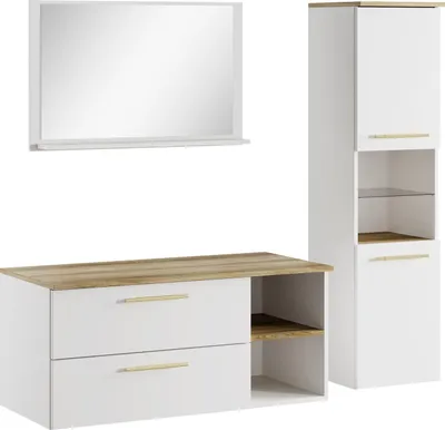 Produktbild von Badezimmermöbel-Set Bravos 100 x 46 cm – Weiß mit Eiche – Waschbeckenschrank mit Spiegel und Seitenschrank