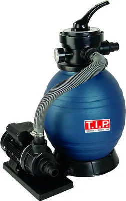 A blue pool filter system with a black pump attached, shown against a white background.