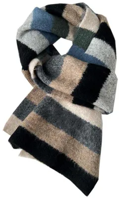 Productafbeelding van Gestrikte dames sjaal, 150 x 20 cm - Warme winterscjaal - Zachte, geruite sjaal met regenboogstrepen - Elegante dames sjaal - Blauw