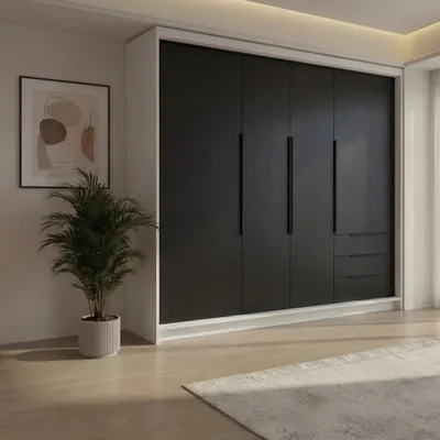 Produktbild von Geräumiger vier-türiger Kleiderschrank KLARI mit Schubladen und Metallgriffen – modernes Design