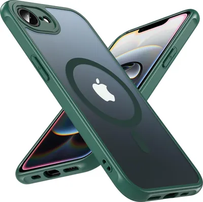 Two green iPhone cases with MagSafe rings are shown diagonally against a white background.
