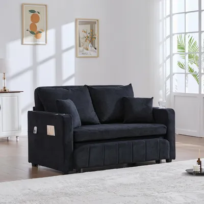 Produktbild von okwish Multifunktionales Schlafsofa mit USB-Ladefunktion und Getränkehaltern Zweisitzer-Sofa Loungesofa mit Armlehnen und Aufbewahrungstasche ausziehbares Klappsofa Für Wohnzimmer Schwarz