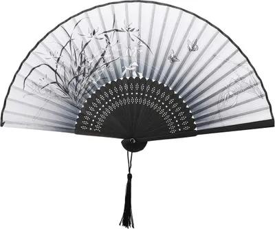 Produktbild von Handfächer Damen Seide mit Quaste Faltfächer Klappfächer für Hochzeit und Party und Tanzen Schwarz Weiß 21 cm faltbar und dekorativ