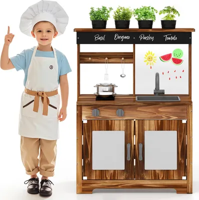 Produktbild von GOPLUS Matschküche, Spielküche Tannenholz, Kinderküche mit 4 Kochzubehör & Pflanztöpfen, Spielküchen mit Kreidetafel, Spüle & Kochfeldern ab 3 Jahren