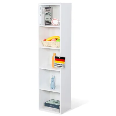 Produktbild von Bücherregal, Weißer MDF-Bücherschrank mit 5 Ebenen, 32 x 24 x 132 cm, Regal weiß, schlank, modern & platzsparend, Alaska