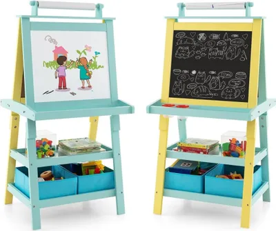 Obrázok produktu pre Detský stojan 3 v 1 obojstranná tabuľa a tabuľa a papier na kreslenie žltý + modrý
