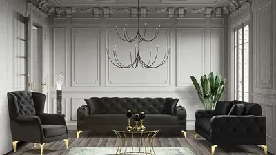 A luxurious living room setting with a black velvet sofa set, a coffee table, and decorative elements.