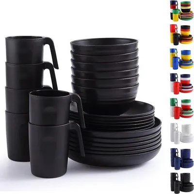 Image de Service de table en plastique, 24 pièces, noir, pour 6 personnes