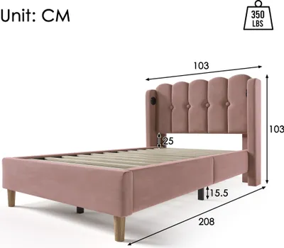Produktbild von okwish Classic Polsterbett 90 x 200 cm, Einzelbett mit USB Typ C Aufladung, Lattenrost mit Lattenrost, Jugendbett, Samt, Rosa