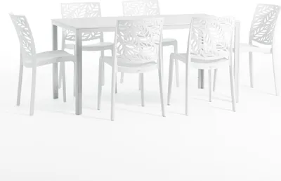 Image de Set de salle à manger d'extérieur avec table rectangulaire 156x78 cm et 6 chaises empilables en résine renforcée de fibres de verre - design moderne imitation bois, idéal pour le jardin, la terrasse et les espaces extérieurs couverts - THOMAS+DAFNE - Blanc/Blanc